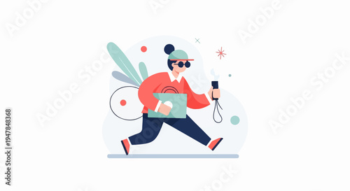 Stylized character in motion with a briefcase and a device