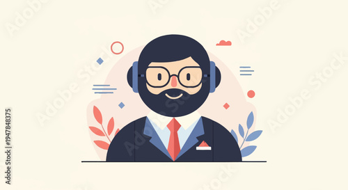 Stylized character in suit and headset with abstract decorative elements