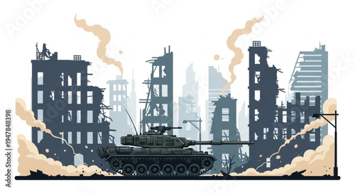 War Tank Destroyed Cityscape Scene.