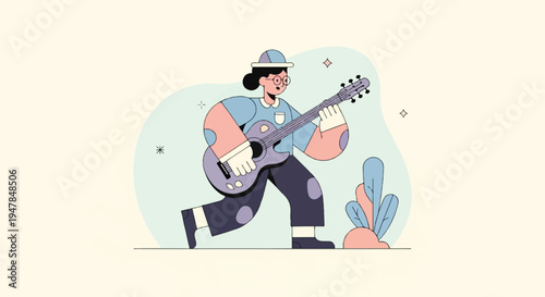 Stylized character plays guitar with plants and stars background
