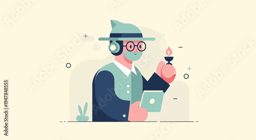 Stylized character wearing a hat and headphones, holding a tablet and lamp
