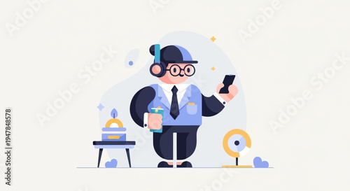 Stylized character wearing headphones and holding a phone, near a cake and a microphone