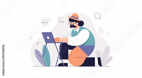 Stylized character with beard and hat works on a laptop, with abstract shapes and plants