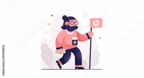 Stylized character with beard, glasses, holding staff with speech bubble icon
