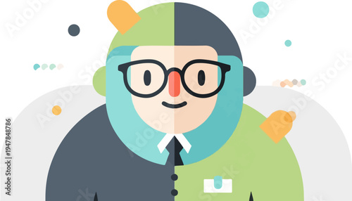 Stylized character with glasses, a tie, and a two-toned suit