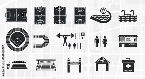 Collection of Sports and Recreation Facility Icons - Fields, Courts, Pools, and Amenities.