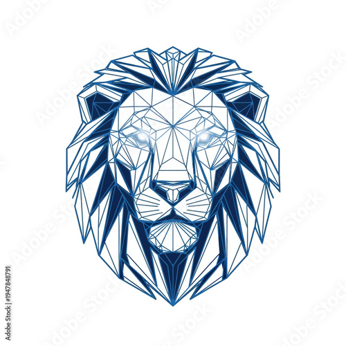 Geometric lion head illustration in blue.