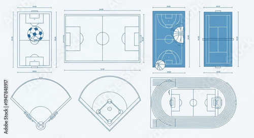 Layouts of Various Sports Fields and Courts with Dimensions.