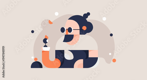 Stylized illustration of a person with round glasses and beard, holding a pipe