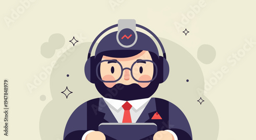 Stylized character with headphones and glasses, holding a tablet