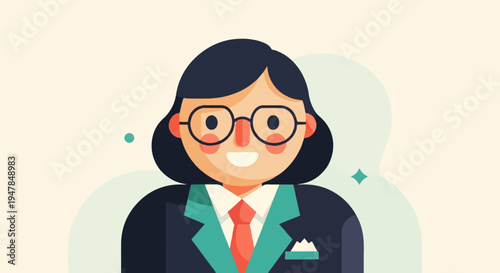 Stylized illustration of a smiling, bespectacled person in professional attire
