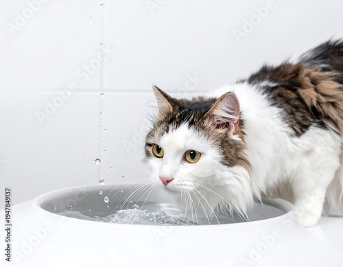 Fluffy, white and brown long-haired cat drinking from a white bowl, water drops mid-air, on tiled white backdrop