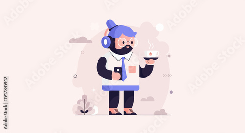 Stylized character with headphones, glasses, and beard holds phone and coffee