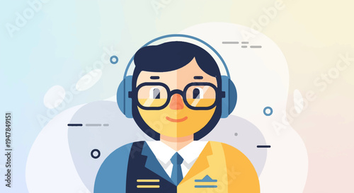 Stylized character with headphones, glasses, and split outfit against abstract background