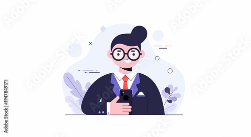 Stylized illustration of a smiling person in a suit holding a phone