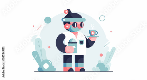 Stylized character with headphones holds coffee, amidst abstract shapes and plants