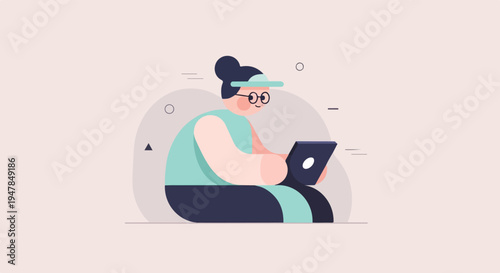 Stylized figure with glasses and bun using a tablet on a pastel background