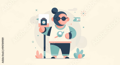 Stylized figure with camera on a stick, modern art, abstract elements