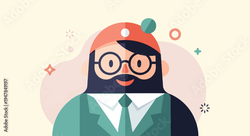 Stylized illustration of a smiling person with beard, glasses, and hat