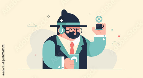 Stylized man in suit and hat with headphones holding cups