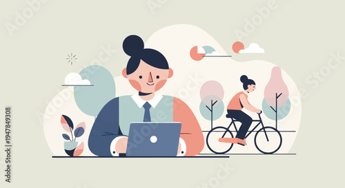 Stylized illustration of people working and cycling outdoors
