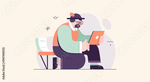 Stylized illustration of person with beard and glasses using tablet