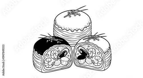 Stylized illustration of three layered, cylindrical food items with filling