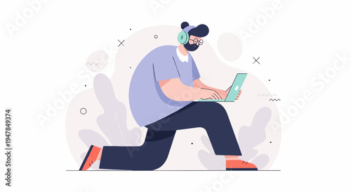 Stylized figure with headphones and laptop in a creative setting