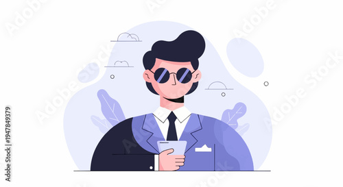 Stylized man in suit and sunglasses holding a phone
