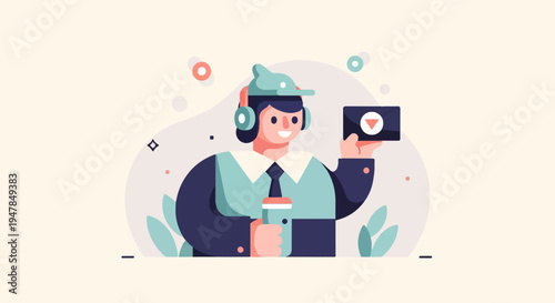 Stylized individual in cap and headphones holds tablet with play button