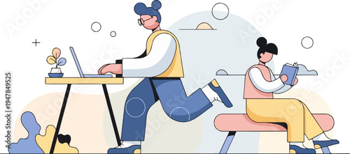 Stylized figures work and read amid abstract shapes and a plant