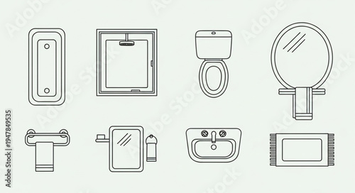 Bathroom Fixtures and Accessories Line Art Illustration.