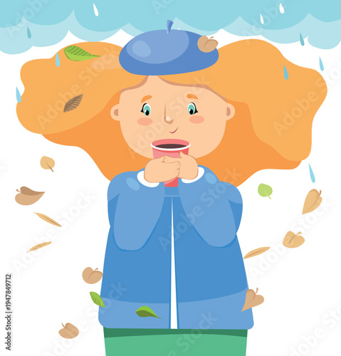 Young woman drinking coffee or hot tea in autumn rainy weather, falling leaves background.