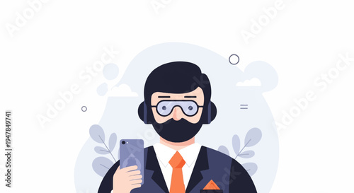 Stylized man in suit, glasses, mask, and headphones holds phone