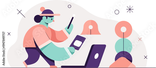 Stylized character with laptop and wand, abstract shapes