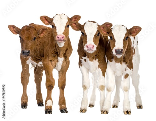 Four brown and white calves stand side by side, facing the viewer on a plain background, slightly angled to the left