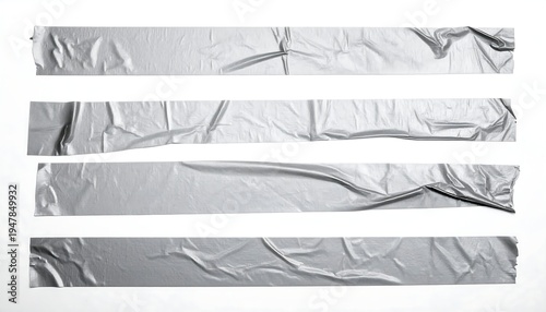 Four gray, shiny tape strips with wrinkles and varying edges are arranged horizontally on a white background
