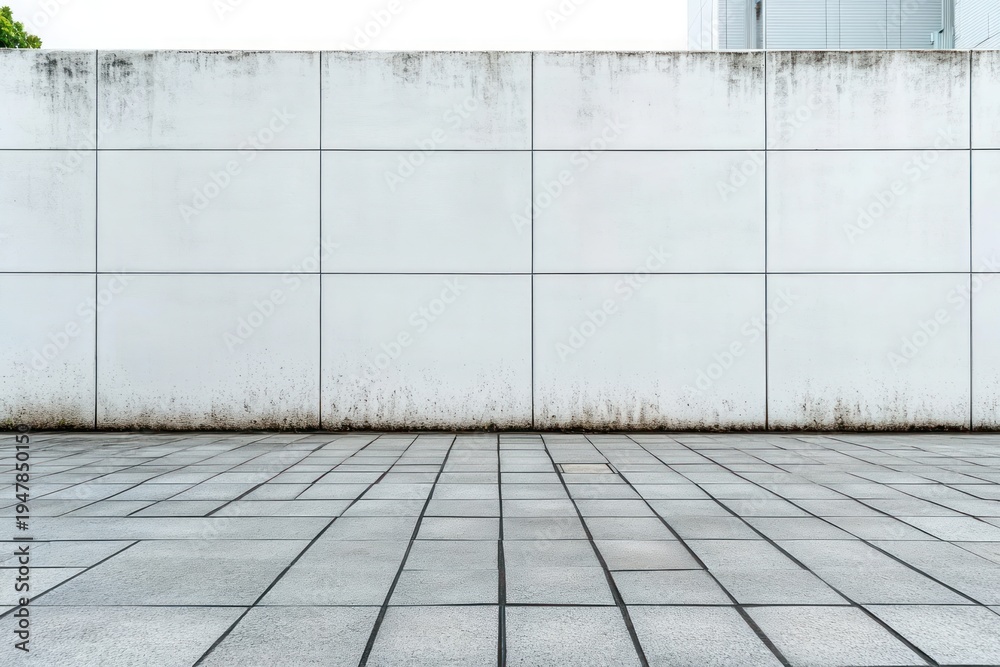 Fototapeta premium Empty tiled plaza in front of a tall white panel wall with weather stains, clean geometric grid of concrete tiles, hint of greenery and rooftop, minimalist quiet atmosphere