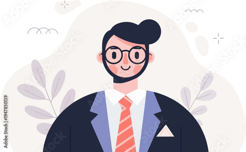 Stylized flat illustration of a man in a suit, tie, and glasses