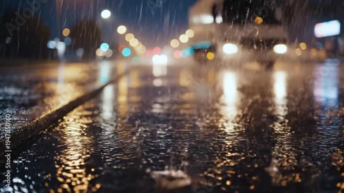 Rain falling on wet road at night with streetlights and blurred traffic adding atmosphere