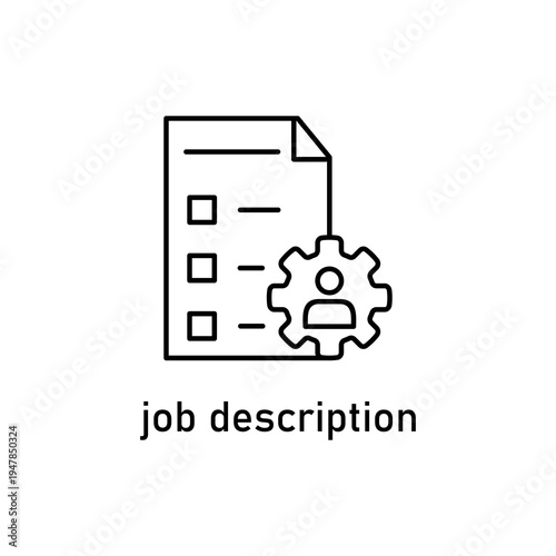 Job description icon featuring a document with a checklist and a gear cog containing a user silhouette. Represents HR, tasks, and role definition. Simple line art outline design on white background.