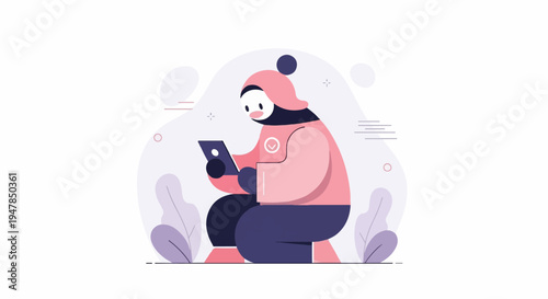 Stylized person in winter attire engrossed in a digital device, surrounded by abstract shapes and plants
