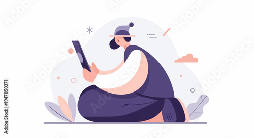 Stylized person in winter hat uses phone, surrounded by abstract shapes and leaves