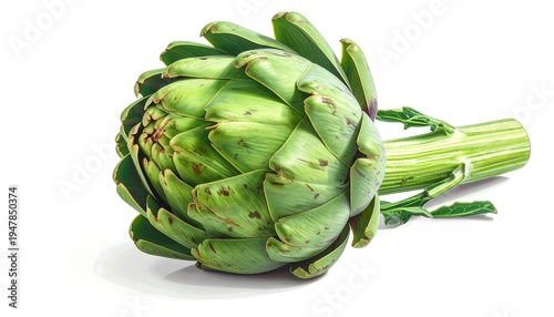 Fresh, pale green artichoke with speckled leaves and stems against white backdrop