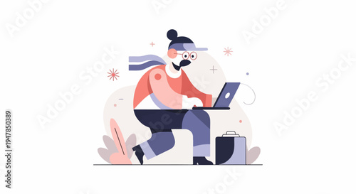 Stylized character working on a laptop with suitcase nearby