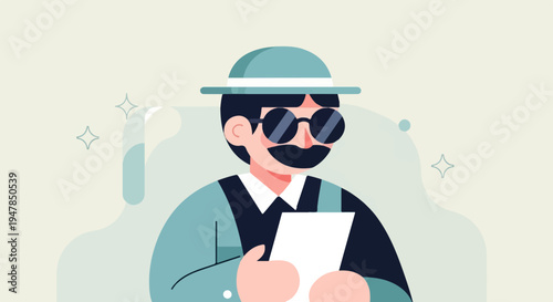 Stylized person wearing a hat and sunglasses, holding a paper