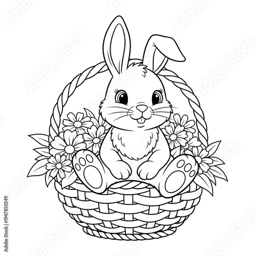 A cute bunny sitting in a basket with flowers
