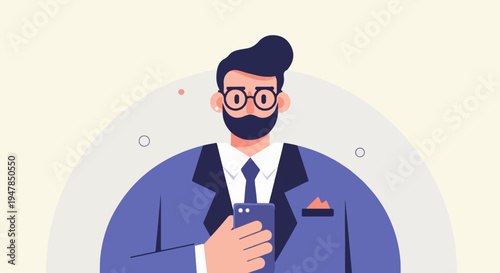 Stylized man in suit with beard, glasses, holding smartphone, white shirt, tie