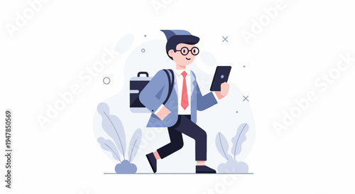 Stylized man in suit with briefcase and tablet walks briskly