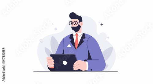 Stylized man in suit with glasses and beard holding a tablet